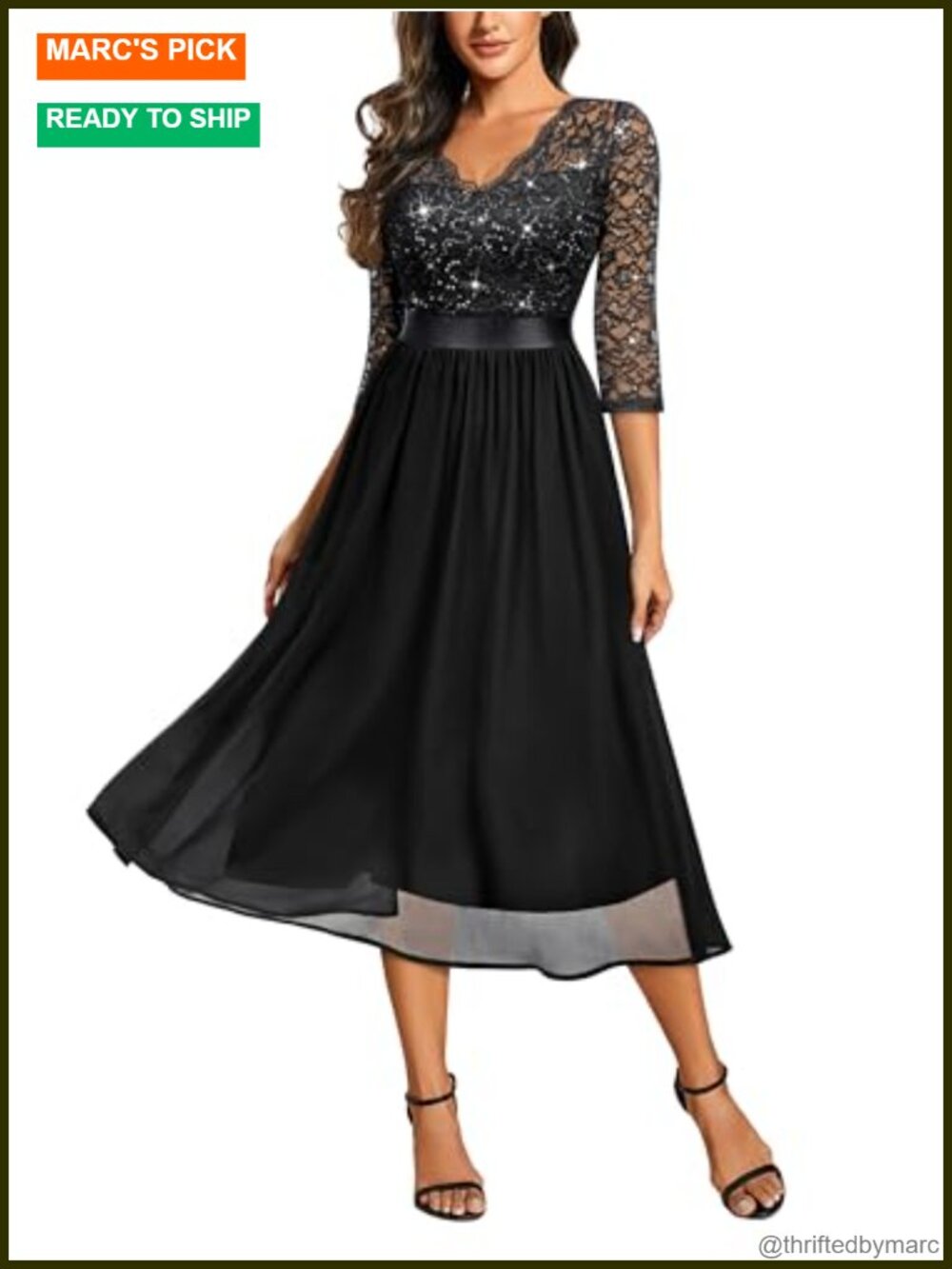 Miusol V-Neck Sequin Lace 3/4 Sleeve Bridesmaid Party A-line Chiffon Dress